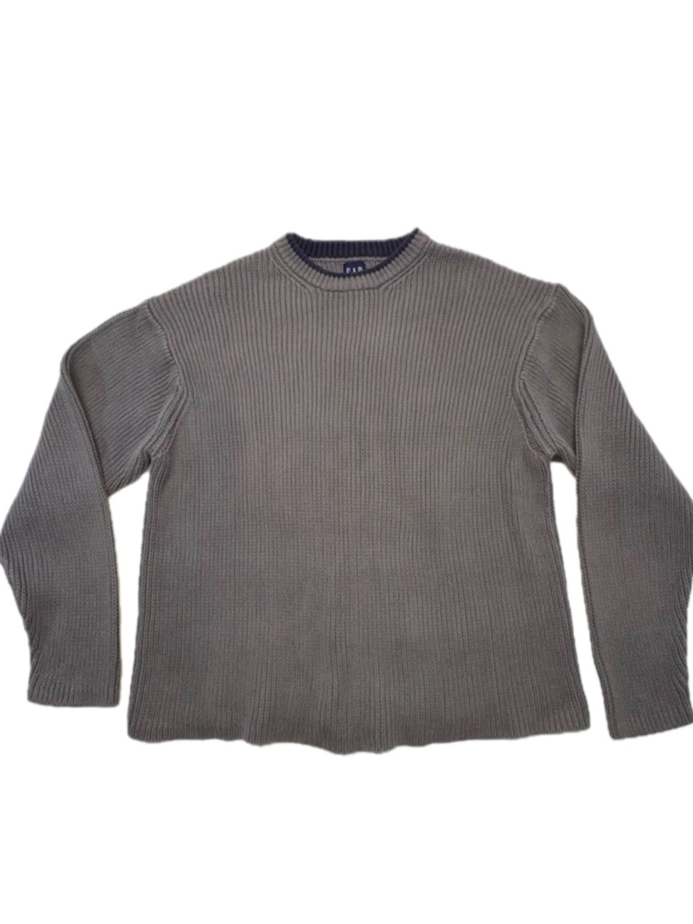 Vintage 90s GAP Chunky Ribbed Knit Crewneck Sweater - Grey with Blue Size Large